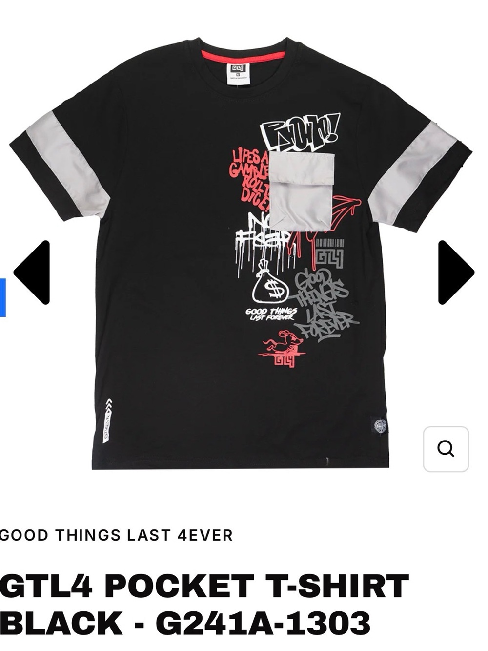 Good things last 4 ever  Black Tee with Gray Pocket and Red Graphic
